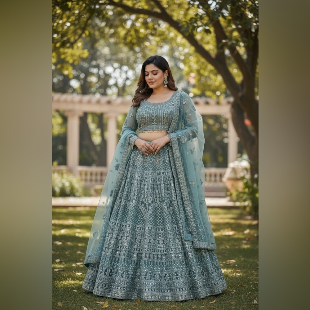 Embellished Light Teal Blue Lehenga Choli with Dupatta
